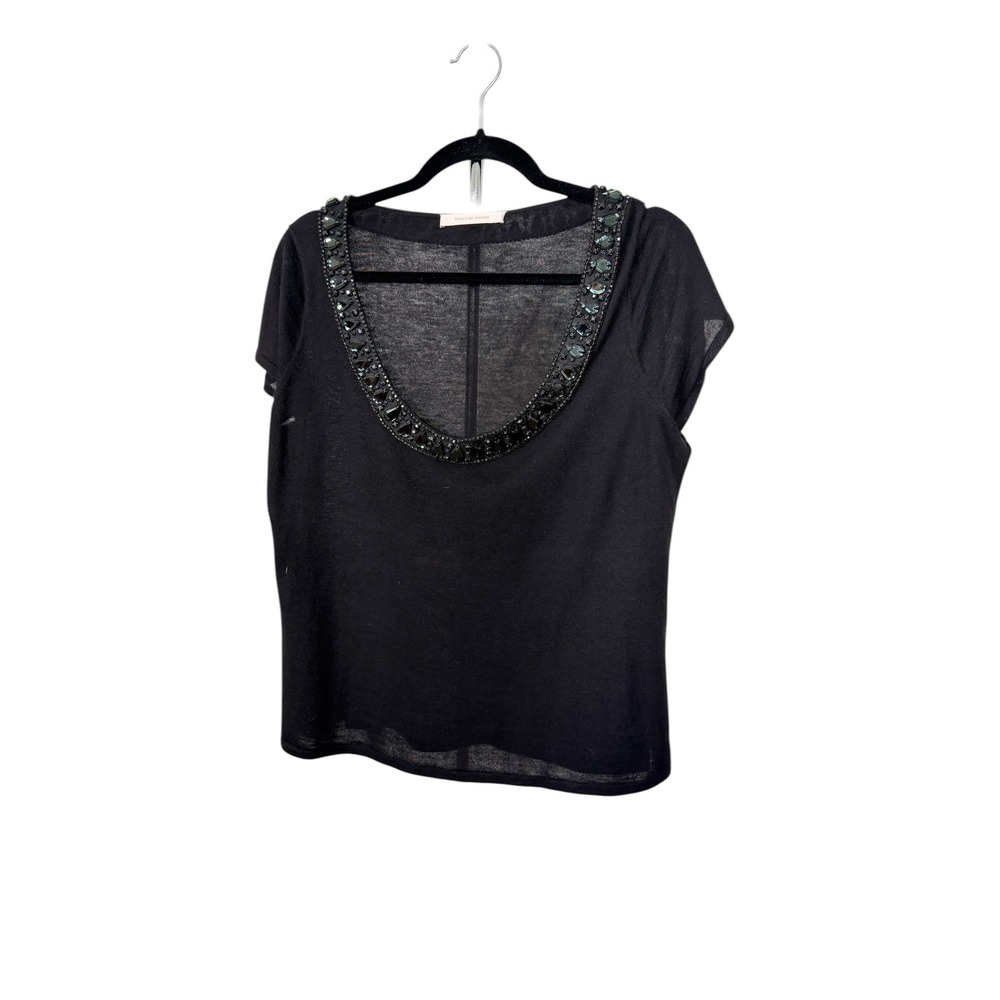 Naeem Khan Black 100% Super Fine Cashmere Crystal Embellished Scoop Neck Top XL